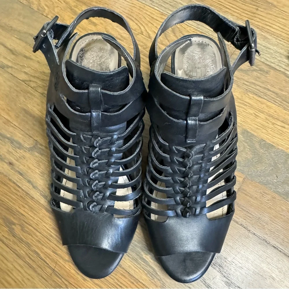 Vince Camuto Estelli Black Leather Caged Wedge Sandals Size 8